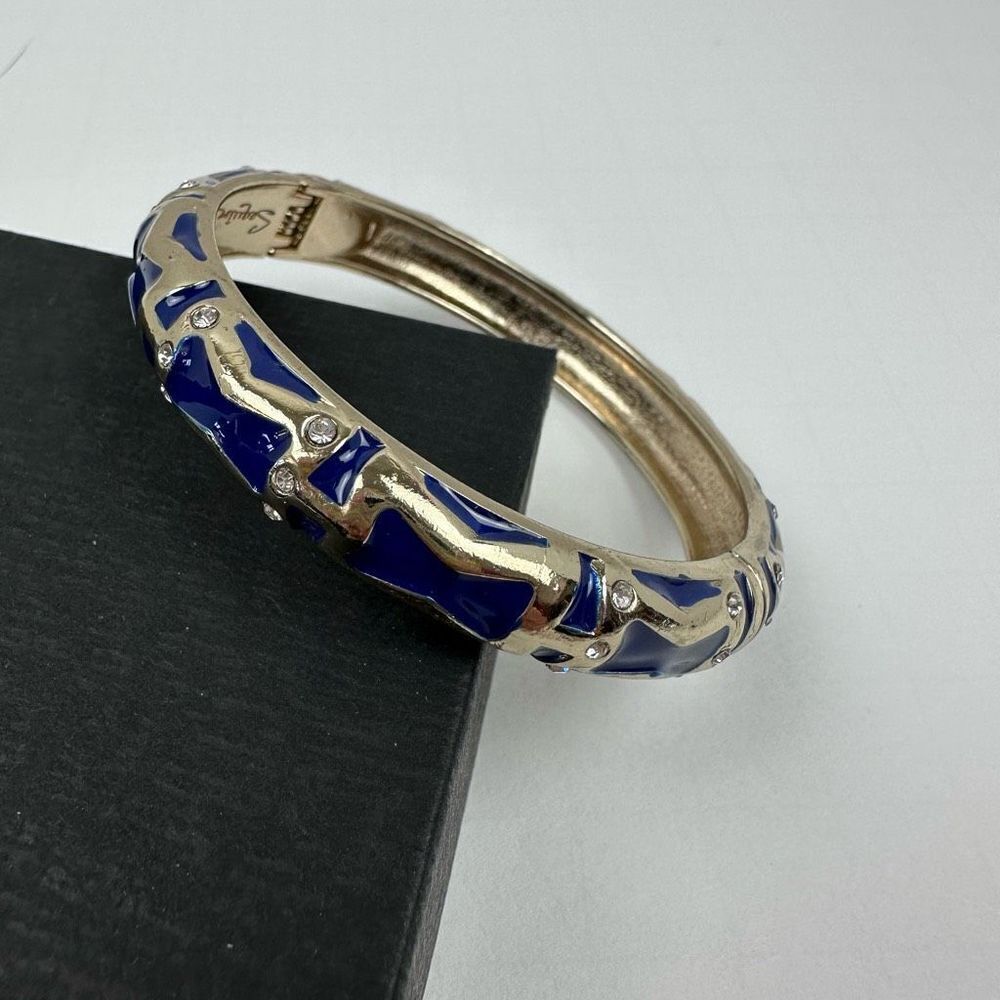 Sequin Crystal Cuff Bangle Bracelet Hinged Navy Blue‎ Gold Tone Statement